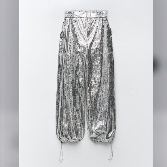 Zara Silver WIDE LEG METALLIC PANTS Size Large - Picture 6 of 13